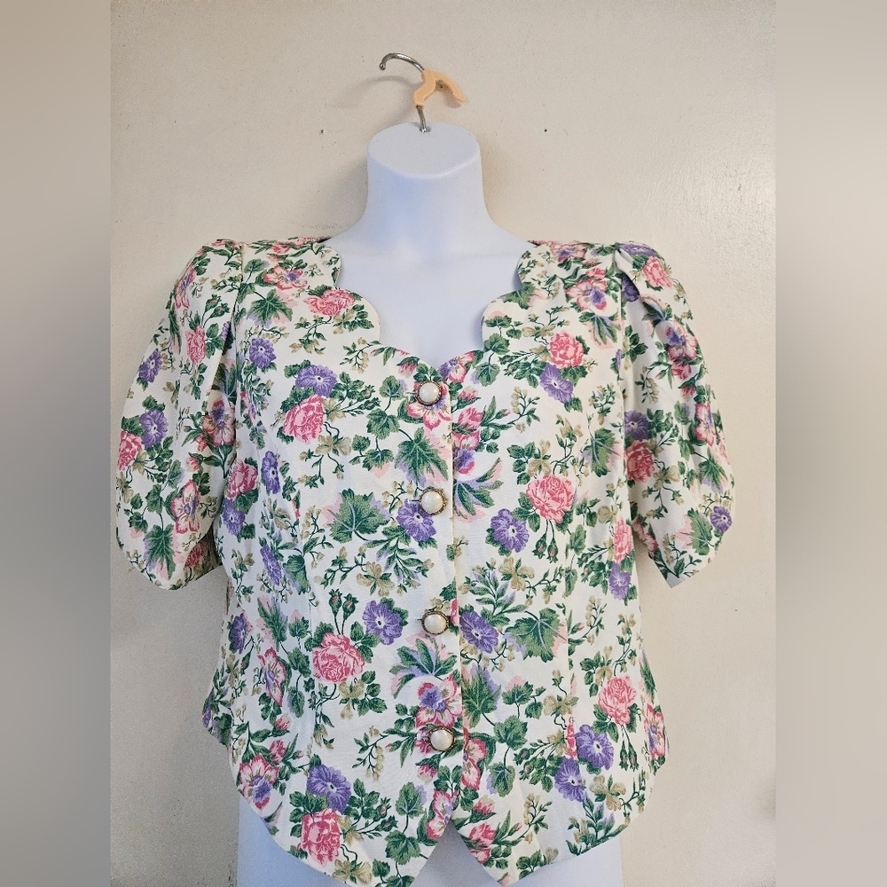 Lanz - Women's l -Floral Puff Sleeve Top Women's 16 Vintage.